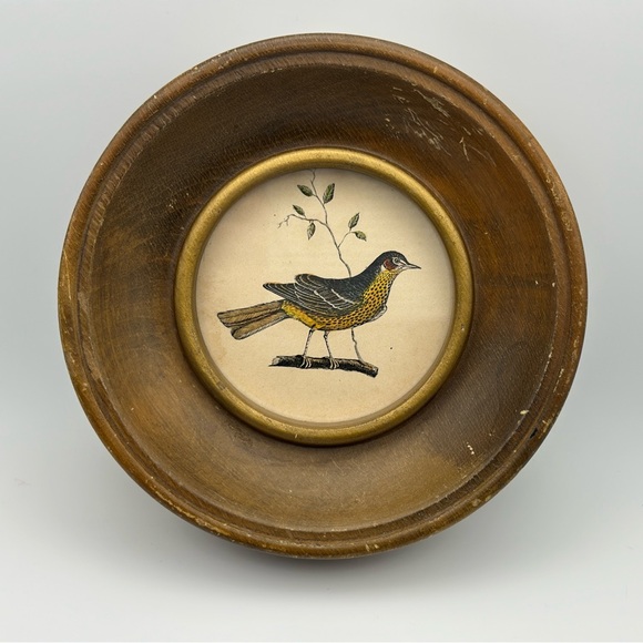 Vintage Wooden Picture Frame with Bird Illustration Round Mini Frame Victorian - Picture 2 of 8